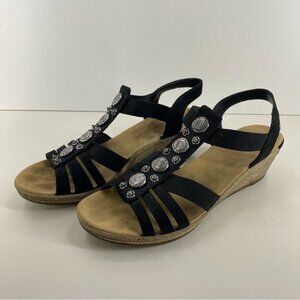 Rieker T-Strap Black Sandal Wedge with Silver Accents Women’s size 41 or 9.5